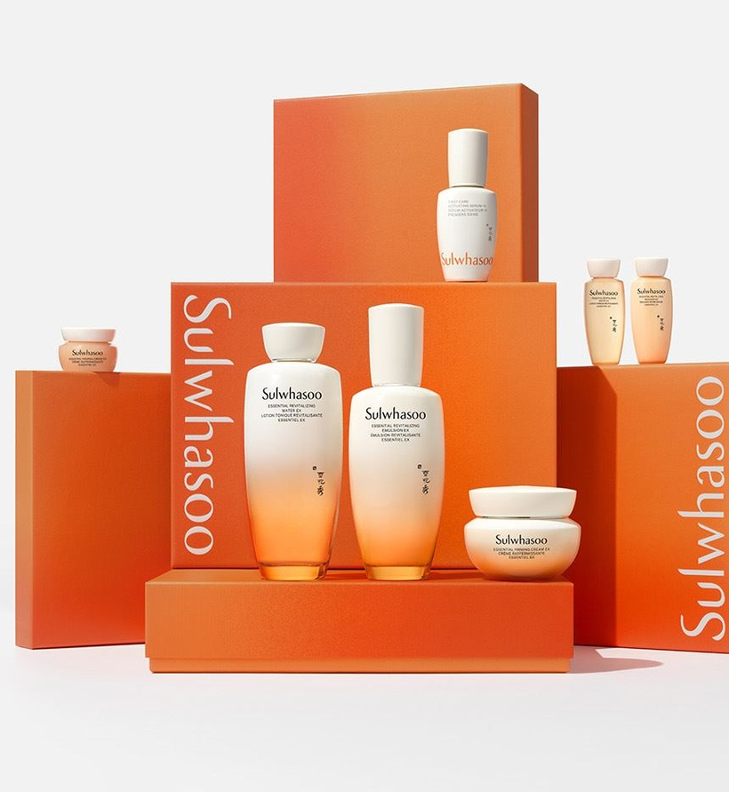 Sulwhasoo luxury Korean skincare products featuring the First Care Activating Serum and Ginseng Renewing Cream.